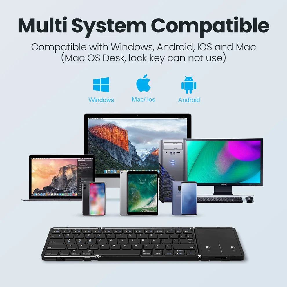 Jomaa Tri-Folding Wireless Keyboard with Touchpad Rechargeable Mini Keyboard Foldable Keyboard for Windows Phone PC Table