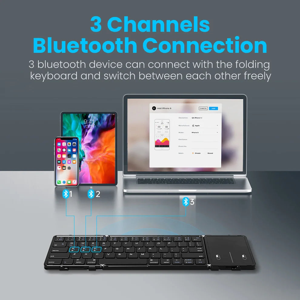 Jomaa Tri-Folding Wireless Keyboard with Touchpad Rechargeable Mini Keyboard Foldable Keyboard for Windows Phone PC Table